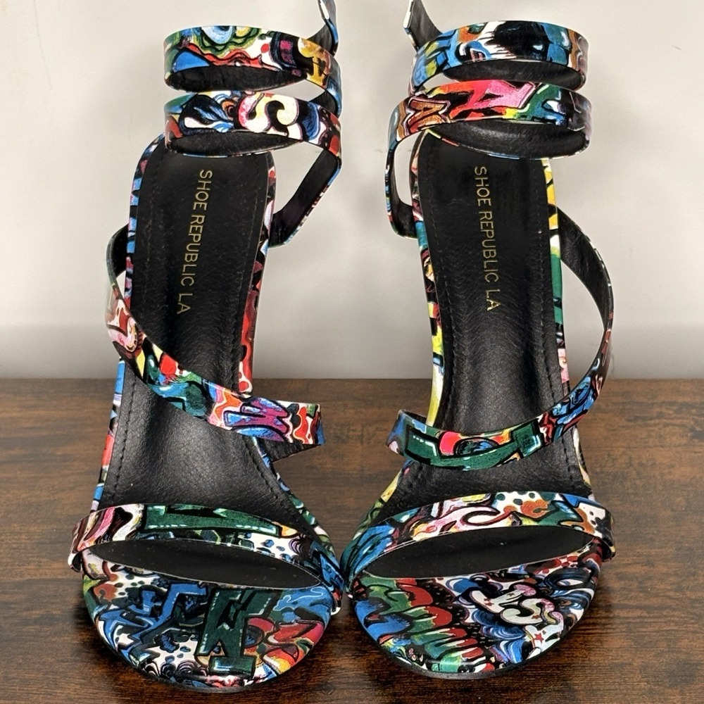 Shoe Republic LA Graffiti‎ Heels Ankle Strap Stiletto Size 9 Brand New No Box
